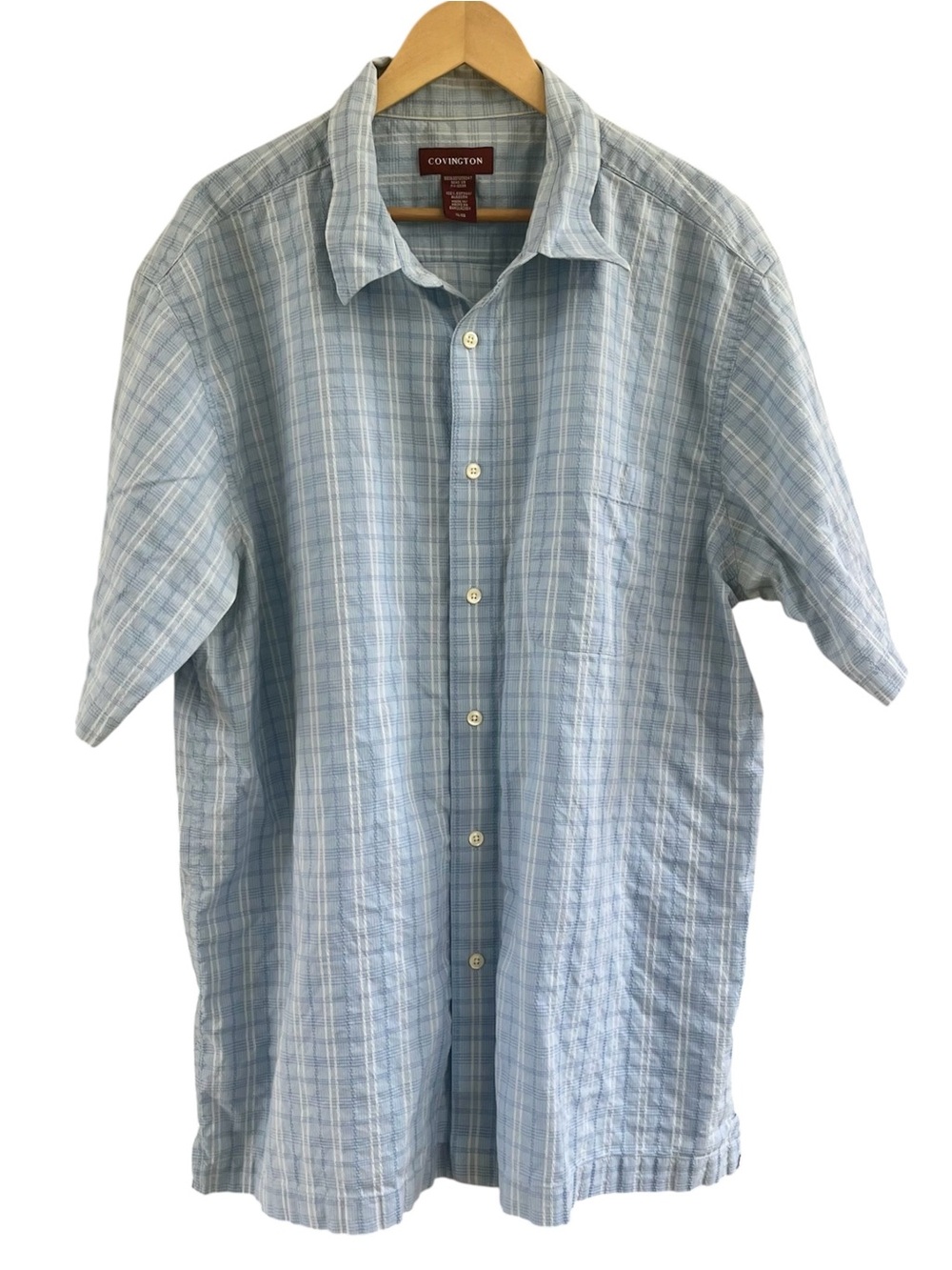 Vintage Covington Blue Light Plaid Short Sleeve Cotton Shirt Men’s XL Beach